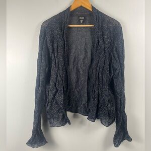 Eileen Fisher Black Tinsel Crinkle Ruffle Waterfall Front Open Cardigan XL